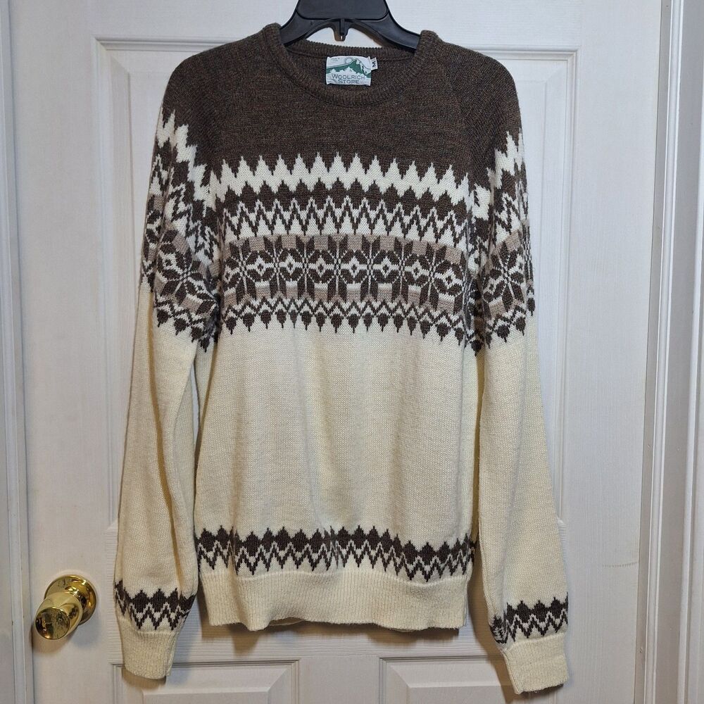 Woolrich Vintage White Brown Fair Isle Print Wool Blend Knit Sweater Size M